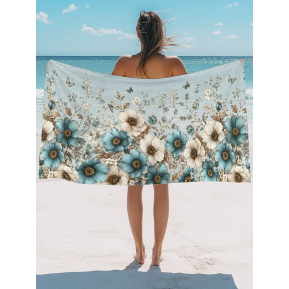 Beach Towel-Vintage Blue Beige Tulip MicrofiberAbsorbent Quick Dry Oversized Travel Towels,Farm Butterfly Romantic Flower Sand Free Lightweight Large Towel for Pool Camping Swim,35x71in