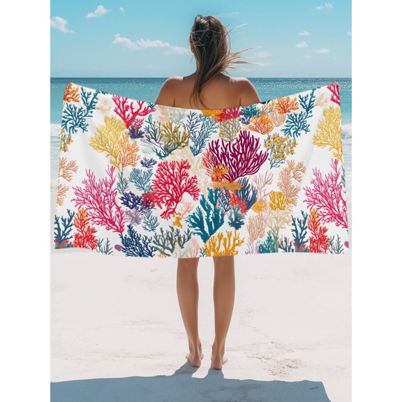 Beach Towel-Watercolor Coastal Ocean Coral Microfiber&nbsp;Absorbent Quick Dry Oversized Travel Towels,Colorful Marine Creature Sand Free Lightweight Large Towel for Pool Camping Swim,35x71in