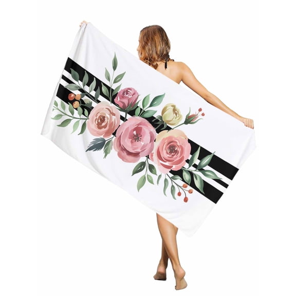 Beach Towel- Watercolor Romantic Roses Valentine's Day Microfiber&nbsp;Absorbent Quick Dry Oversized Travel Towels,Black White Stripes Sand Free Lightweight Large Towel for Pool Camping Swim,35x71in