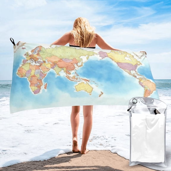 Beach Towel World Map Thin Sand Free Towels Travel Swim Pool Yoga Gym Camping for Women Men 27.5"x55"