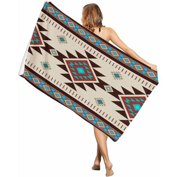 Beach Towels Quick Dry Absorbent Towels Abstract Aztec Tribal Totem Sand Free Beach Towel for Pool Swimming Travel Vacation, Retro Brown Blue Green Geometric Swim Towels