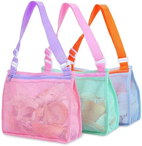 Beach Toy Mesh Beach Bag Kids Shell Collecting Bag Beach Sand Toy Seashell Bags Swimming Accessories for Boys and Girls(Only Bags,A Set of 3)