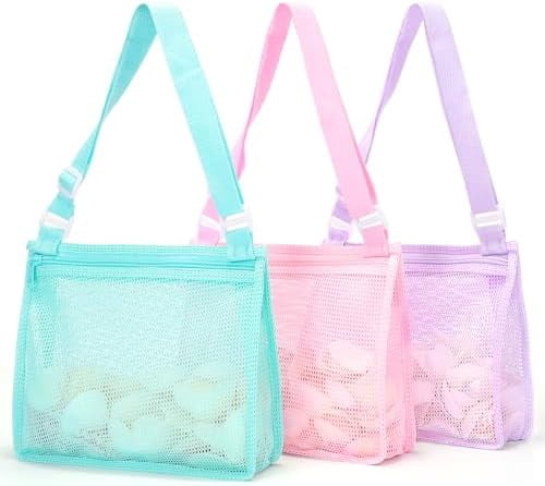 Beach Toy Mesh Beach Bag Sand Toy Seashell Bag for Holding Shells Pool Bag with Zipper Swimming Accessories for Kids Boys and Girls(Only Bags,A Set of 3)