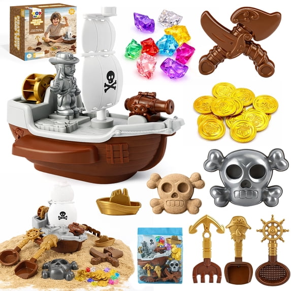 TOY Life Pirate Beach Toys for Kids Ages 4-8, 31PCS Pirate Ship Sand Toys Set with Treasure Coins & Gems, Sandbox Role Play Toys for Kids, Outdoor Beach & Travel Summer Adventure Toys