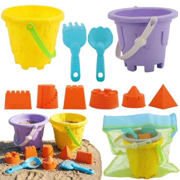 TOY Life Kids Beach Sand Castle Bucket Set, 2 Buckets with Mesh Bag, 6 Molds, 2 Shovels, Colorful Plastic Beach Toys for Summer Play