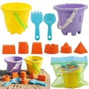 TOY Life Kids Beach Sand Castle Bucket Set, 2 Buckets with Mesh Bag, 6 Molds, 2 Shovels, Colorful Plastic Beach Toys for Summer Play