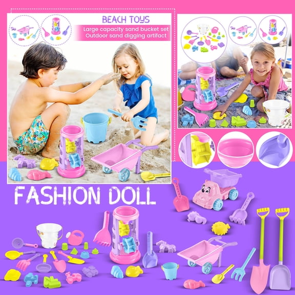 Beach Toy Set with Sand Wheel Rake Shovel and Mold Shapes for Outdoor Sand Play Activities Kids Toddlers