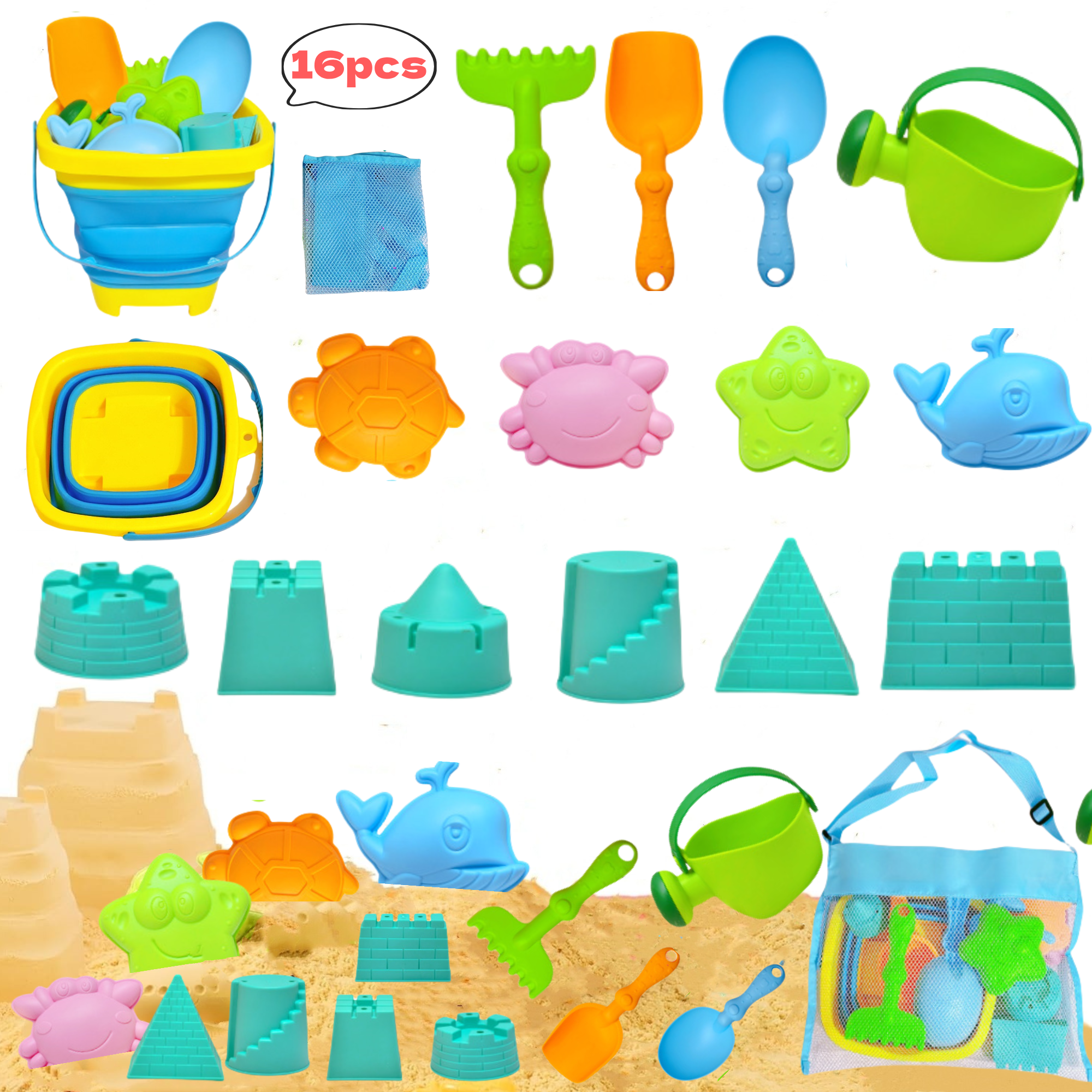 16 Piece Beach Toys Set for Girls Boys, Sand Toys Includes Beach Tool ...