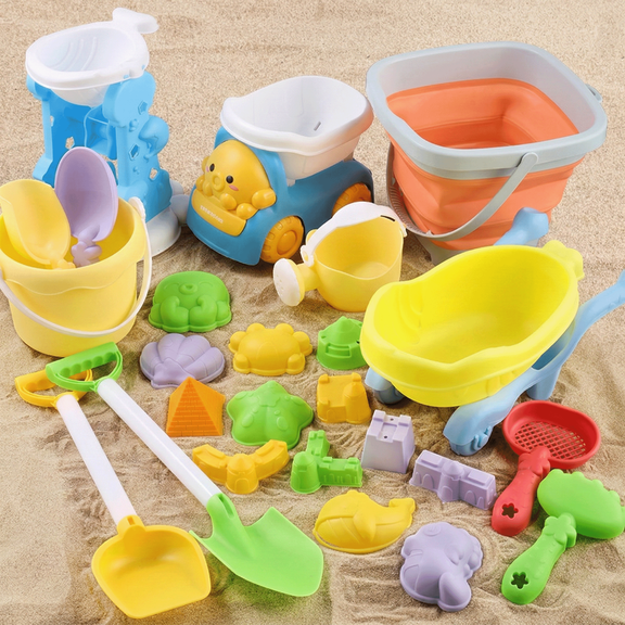 Beach Toys, 25PCS Sand Toys Set, Kids Sandbox Toys Include Truck, Collapsible Bucket, Hourglass, Handcart, Watering Can, Shovels Set, Sand Molds & Mesh Bag, Travel Beach Toys for Toddlers 3-10