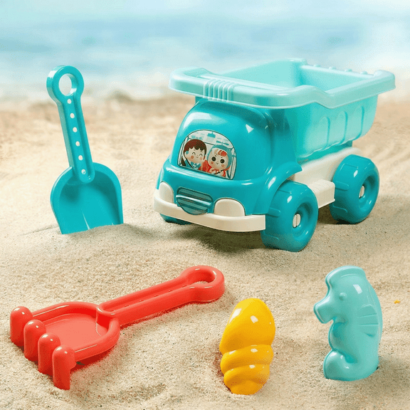 Beach Toys, 5 Piece Sand Toys Set with Truck, Rake, shovel, 2 Sand Molds & Mesh Bag, Kids Sandbox Toys for Toddlers Kids Age 3-10