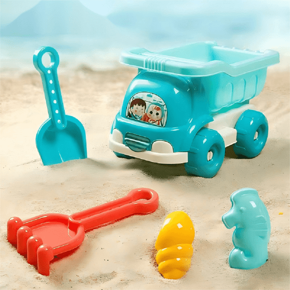 Beach Toys, 5 Piece Sand Toys Set with Truck, Rake, shovel, 2 Sand Molds & Mesh Bag, Kids Sandbox Toys for Toddlers Kids Age 3-10