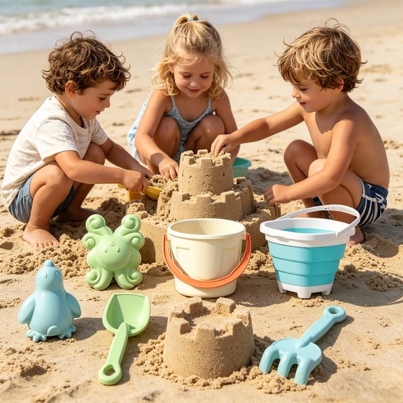 Beach Toys for Ages 4-8, Ocean Beach Toys, Collapsible Beach Toys, Collapsible Sand Bucket and Shovels Set, Sandbox Travel Toys Beach Vacation Essentials, Camping Gear, Fishing