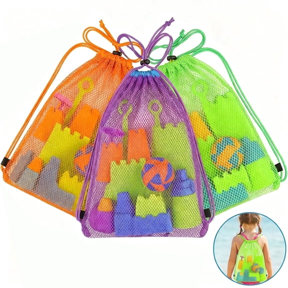 Beach Toys Bag, XISELI 3 Pack Mesh Drawstring Sand Toy Bags, Backpack Shell Bags for Beach, Shell Collecting Bag Shelling Tools for Sandbox Vacation Essentials Outdoor Play