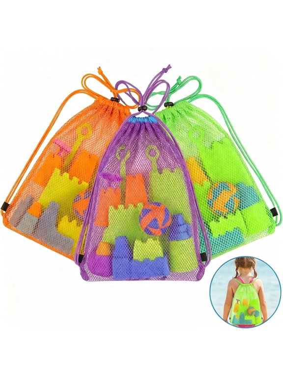 Beach Toys Bag, XISELI 3 Pack Mesh Drawstring Sand Toy Bags, Backpack Shell Bags for Beach, Shell Collecting Bag Shelling Tools for Sandbox Vacation Essentials Outdoor Play