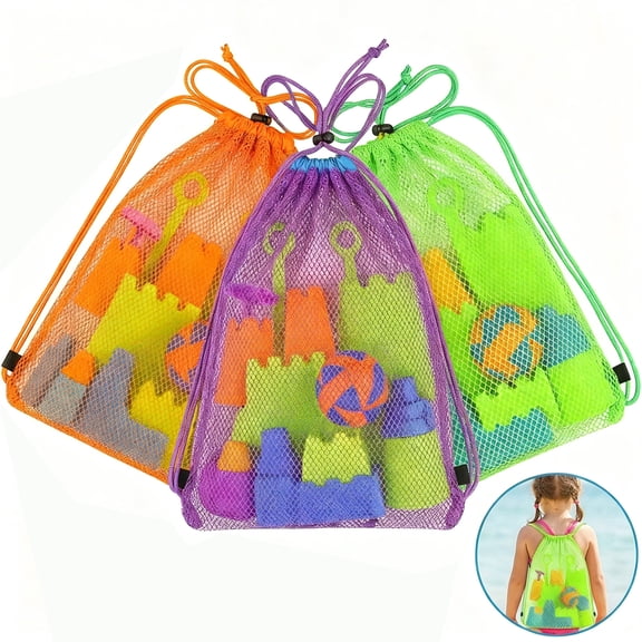 Beach Toys Bag, MODANU 3 Pack Mesh Drawstring Sand Toy Bags, Backpack Shell Bags for Beach, Shell Collecting Bag Shelling Tools for Sandbox Vacation Essentials Outdoor Play