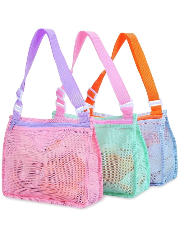 Beach Toys Large Mesh Beach Bag Sand Toy Shell Collecting Bag for Holding Shells Pool Bag Swimming Accessories Gift for Teens Boys and Girls (Only Bags,A Set of 3)