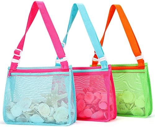 Beach Toys Mesh Beach Bag Sand Toy Seashell Collecting Bag Pool Bag Swimming Beach Accessories Gift for Boys and Girls (Only Bags,A Set of 3)