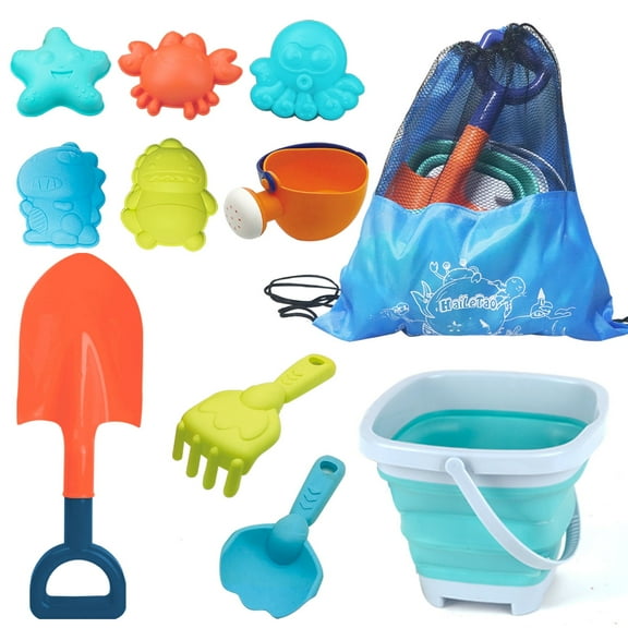 Beach Toys Set for Kids -Collapsible Sand Bucket&Mesh Beach Bag and Shovels Sand Rake Toy 11Pcs Set, Animal & Dinosaur Molds,Fork,Rake&Watering Can for Toddlers Ages 3+