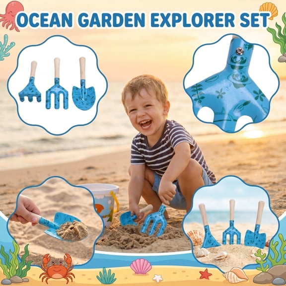 Beach Toys for Kids Sand Digging Rake Crab Clamp Shovel Set with Sturdy Wooden Handles Metal Garden Tools for Beach Sandbox Outdoor Play Ages 3-10
