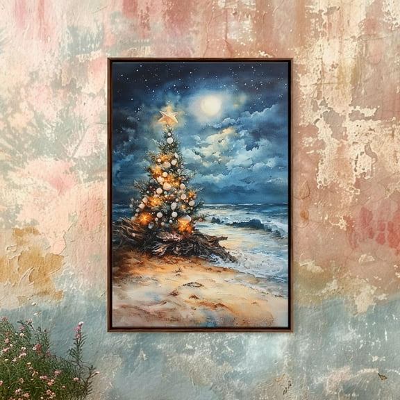 Beach Tree Poster, Coastal Winter Wall Art, Festive Tropical Print Warm Present Vintage UNFRAMED Poster Size 12x18