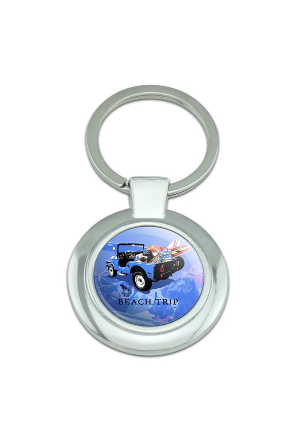 Beach Trip Surfing Surfer Dogs Keychain Classy Round Chrome Plated Metal
