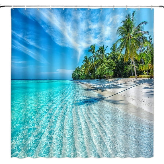 Beach Tropical Shower Curtain - Ocean Palm Tree Summer Hawaiian Coastal Seascape Nature Scene, Polyester Curtains with Hooks, Perfect for Coastal-Inspired Bathrooms, Adds a Relaxing Vacation Vibes