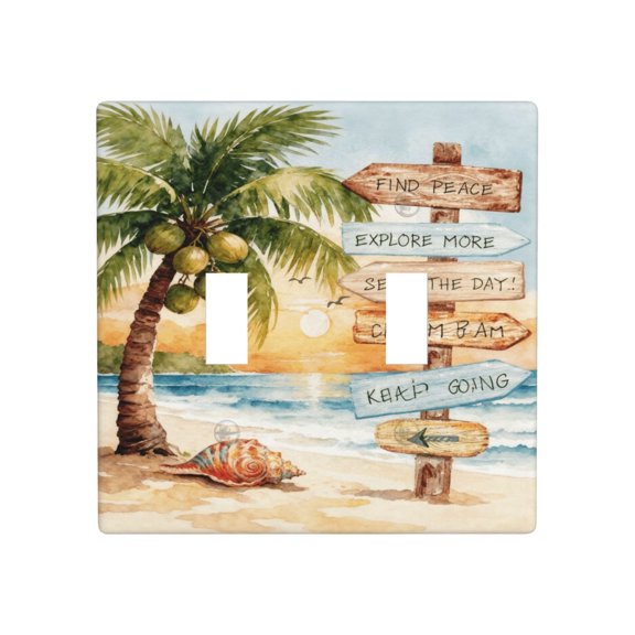 Double Rocker Switch Wall Plate, Decorative 2-Gang Rocker Light Switch Cover, Beach Palm Tree Ocean Coastal Design, Standard Size Wall Plate for Home Decor