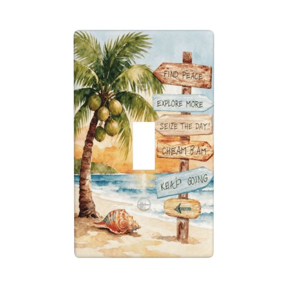 Beach Tropical Single Toggle Light Switch Plate, Palm Tree Coastal Wall Decor Cover, Inspirational Ocean Beach Style Outlet Wall Plate, Standard Size, Easy Install