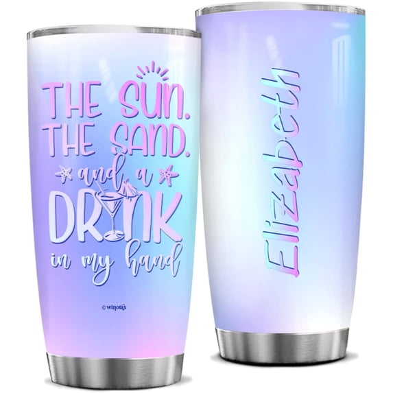 Beach Tumbler Personalized The San The Sun and a Drink In MY Hand Tumblers Travel Cup 20oz 30oz Stainless Steel Custom Gift For Women Girls Beach Trip Weekend Birthday Party Summer Vacation