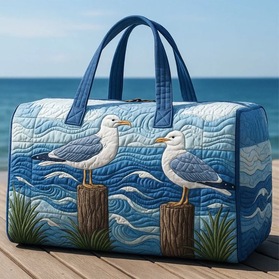 Beach Two Seagulls Pattern Print Quilted Duffle Bag