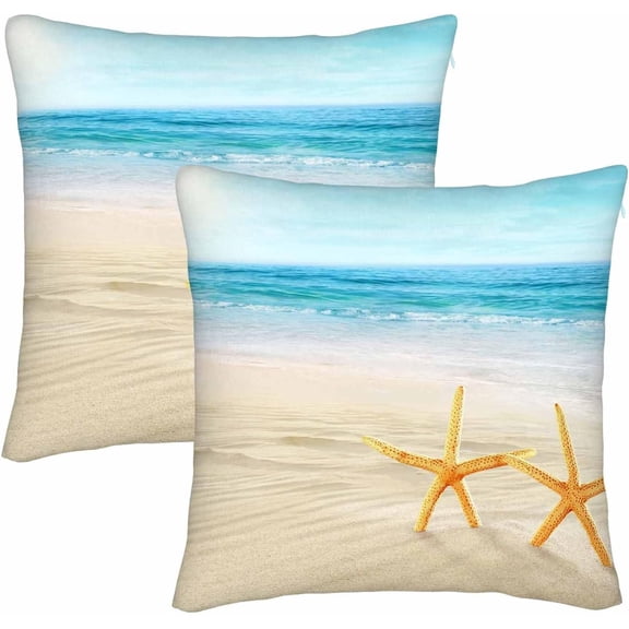 Beach Two Starfishes Throw Pillow Cover Set of 2 Cases Shore Sky Summer Sea Vacation Bay Calm Coast Ocean Horizon Outdoor Decor Pillowcase Home Square 18x18 Inch Pillow Slip