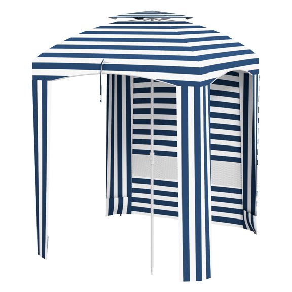 Beach Umbrella 5.8ft, Cabana Style, Portable Sun Shelter with Windows & Ruffles - Blue White Stripe