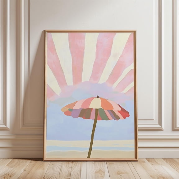 Beach Umbrella Abstract Coastal Art Print Summer Ocean Wall Decor, Unframed Paper Poster 8x10in