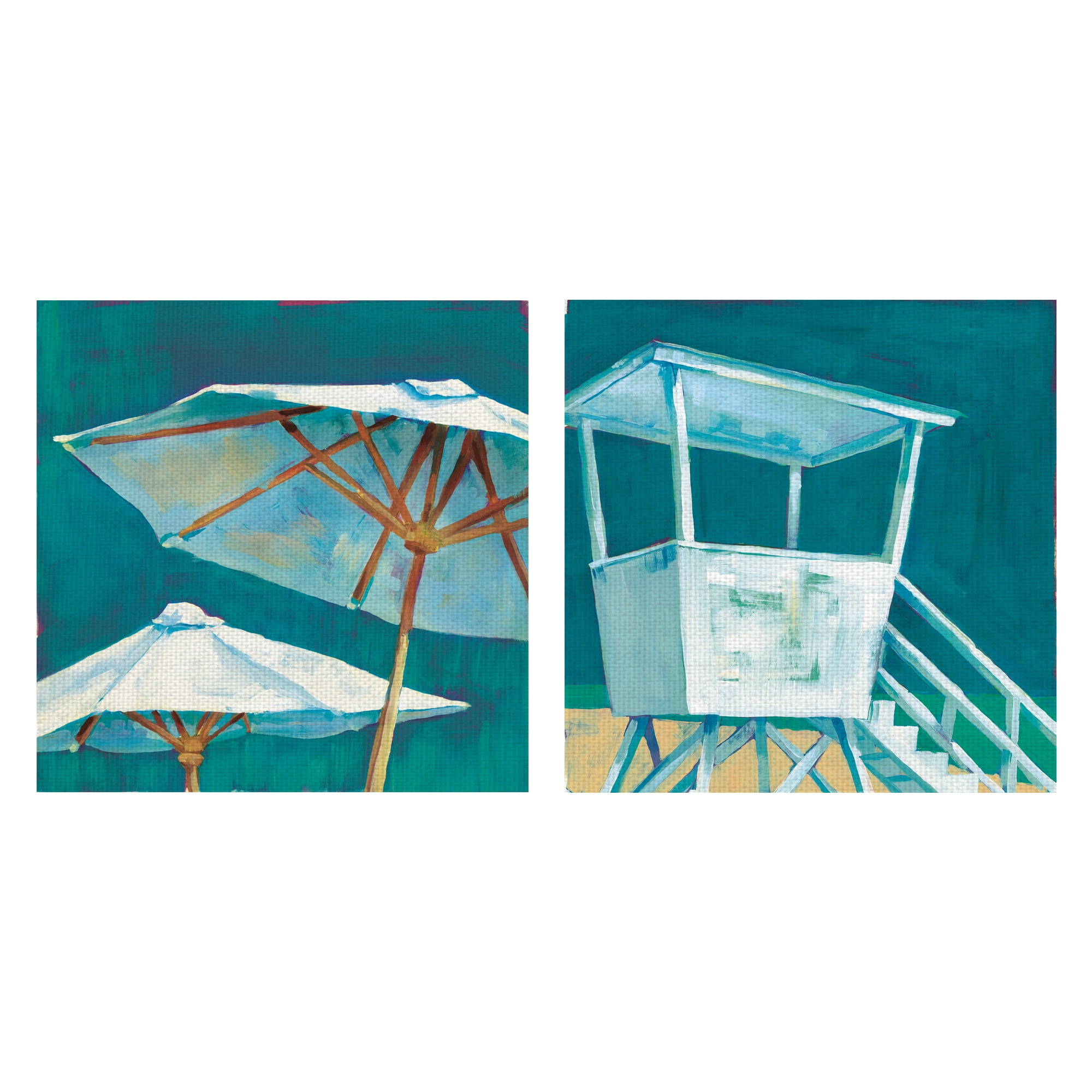 Beach Umbrella & Beach Tower by Willowbrook Fine Art Wrapped Canvas Painting Print Set of 2