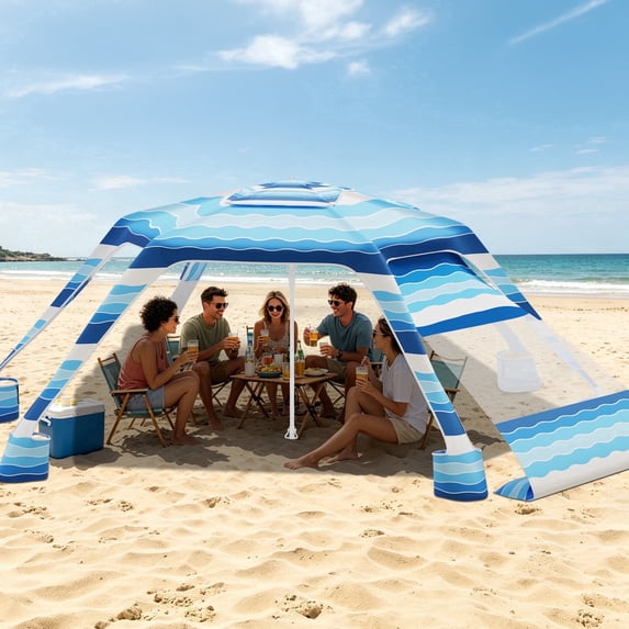 Beach Umbrella Canopy, 6-Corner Sun Shelter Tent with UV Protection & Side Wall, Blue&White Stripes