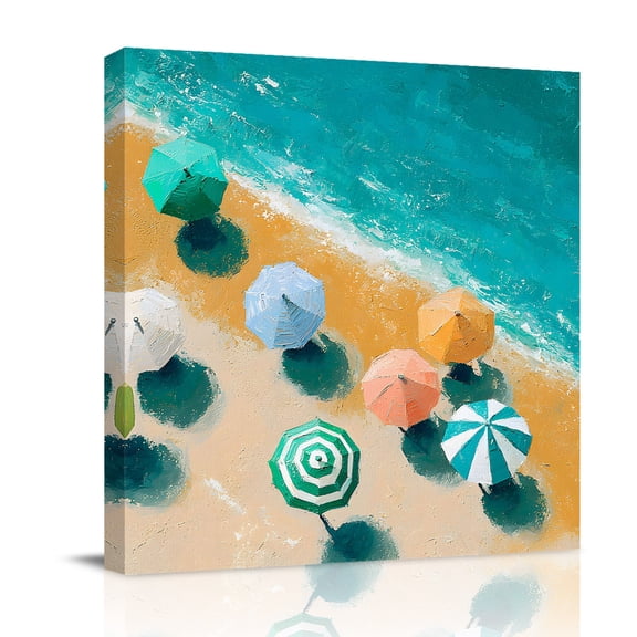 Beach Umbrella Canvas Wall Art for Living Room, Oil Painted Coastal Umbrella Ocean Waves Poster Print Painting for Bedroom Office Home Decoration Wall Pictures Prepare To Hang 8"x8"