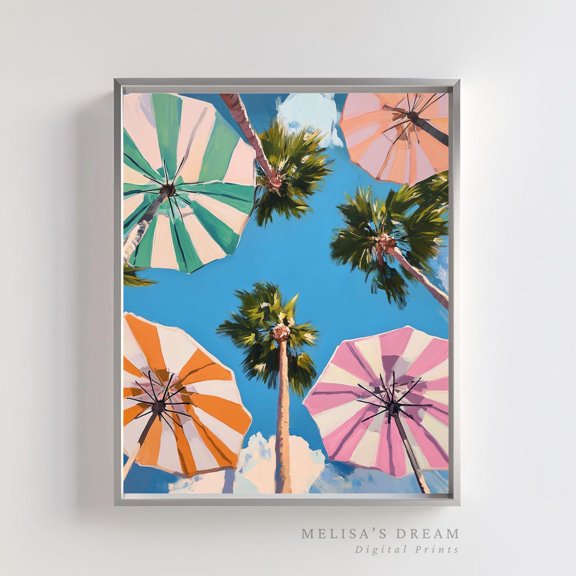 Beach Umbrella Palm Tree Print Retro Summer Coastal Wall Art, Unframed Paper Poster 8x10in