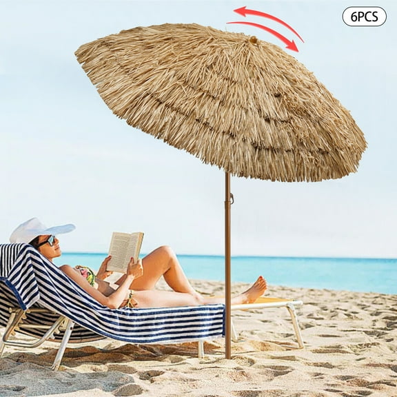 Beach Umbrella for Sand - 6PCS 4.76ft Beach Umbrella Outdoor Patio Garden Umbrella Sunshade Sand Canopy Brown Simulated Straw Umbrella Sunscreen Beach Umbrella (Upright / Steerable, without base)