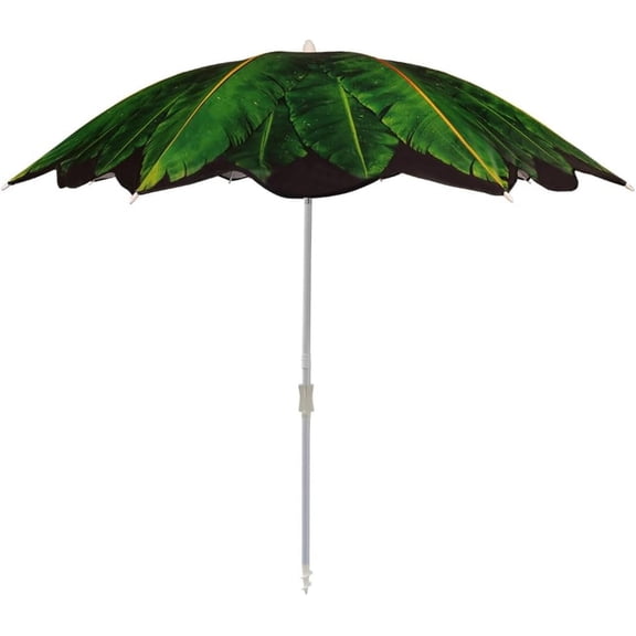 Beach Umbrella with Sand Anchor & Carry Bag, 6.5 Foot Patio Outdoor Umbrella with Adjustable Height Pole, Push Button Tilt, Ideal for Travel Garden Lawn, UPF 50+ (Banana Leaf)