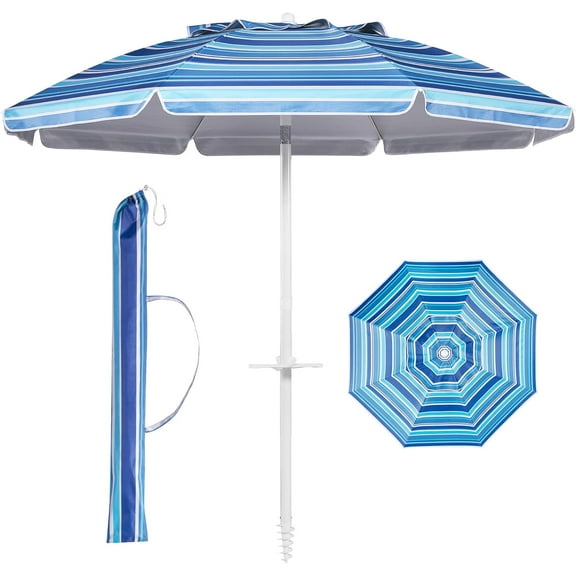 Beach Umbrella with Tilt Pole, Portable Sand Anchor and Carry Bag, UPF 50+ Sun Shelter Air Vents Design for Outdoor Activities (Navy Blue & White), 6.5ft