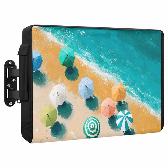 Beach Umbrella Waterproof Outdoor TV Cover, Oil Painted Coastal Umbrella Ocean Waves Outside Weatherproof TV Enclosures for 36 to 39 Inch LCD Television Shield Flat Screen Protectors