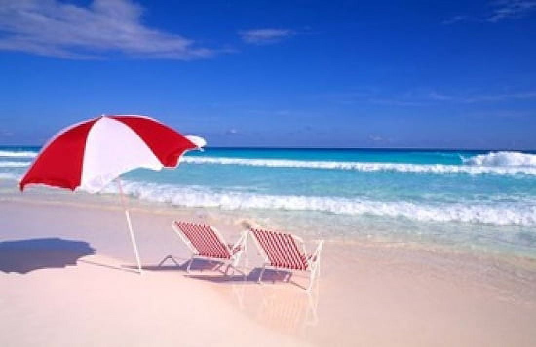 Beach Umbrella and Chairs Caribbean Canvas Art - Bill Bachmann DanitaDelimont (36 x 24)