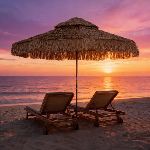 Beach Umbrella with Straw Tassel Design Double Top UPF 30+ Outdoor Patio Umbrella