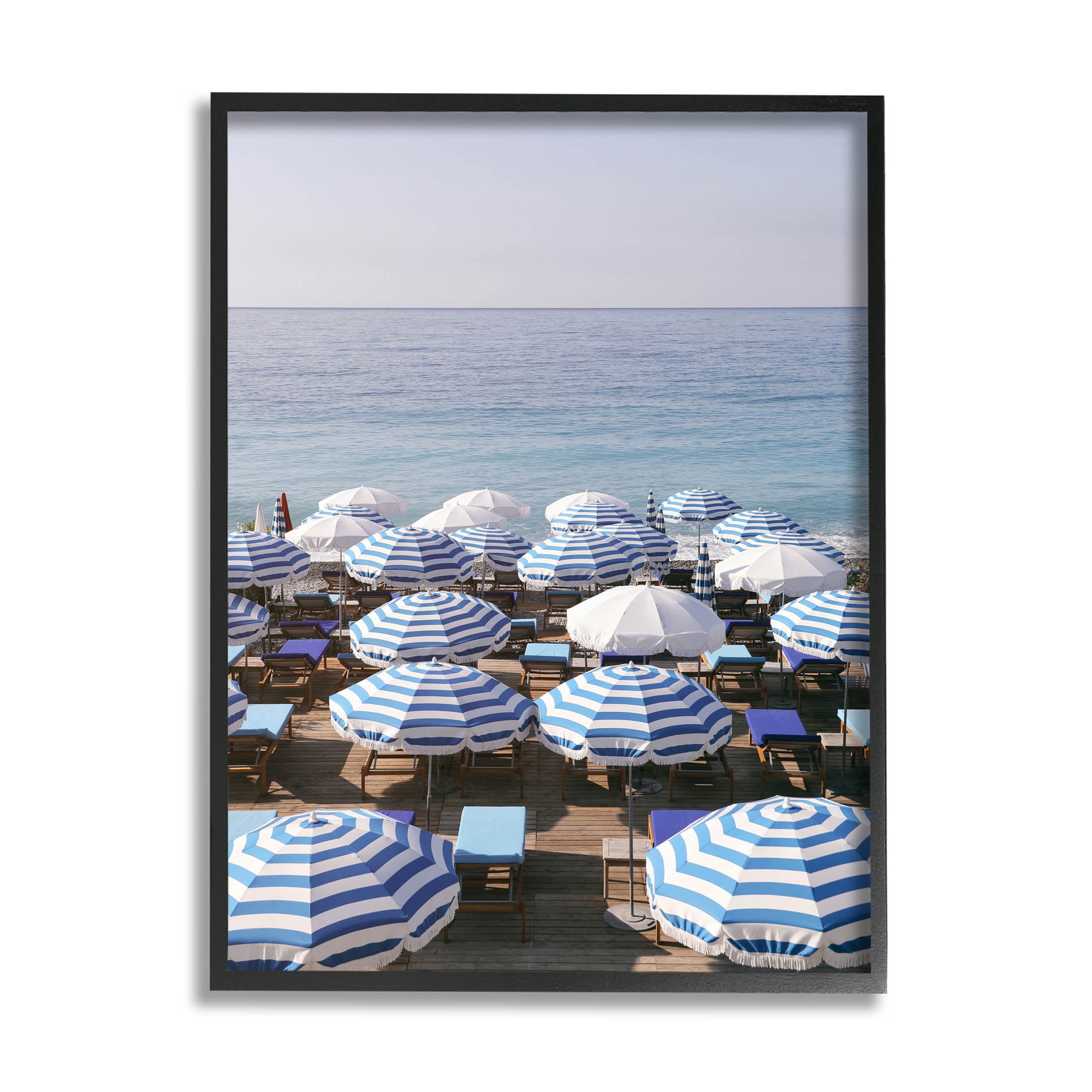 Beach Umbrellas Clear Summer Sky Coastal Photograph Black Framed Art Print Wall Art