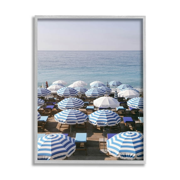 Beach Umbrellas Clear Summer Sky Coastal Photograph Gray Framed Art Print Wall Art