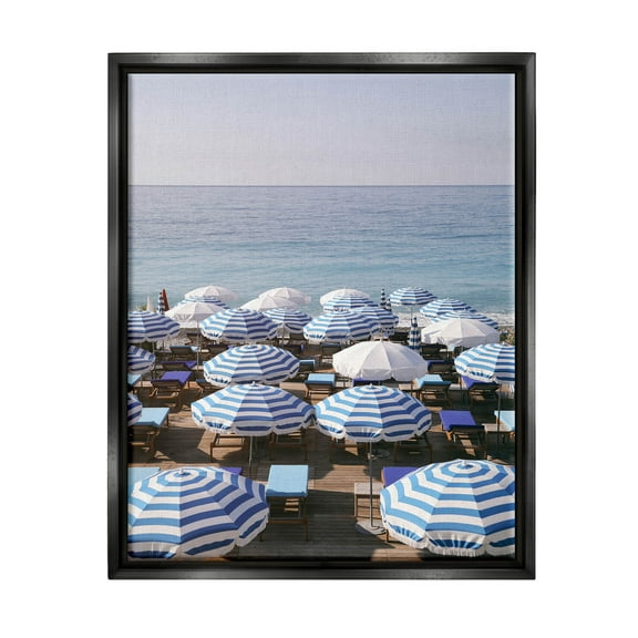 Beach Umbrellas Clear Summer Sky Coastal Photograph Jet Black Framed Art Print Wall Art