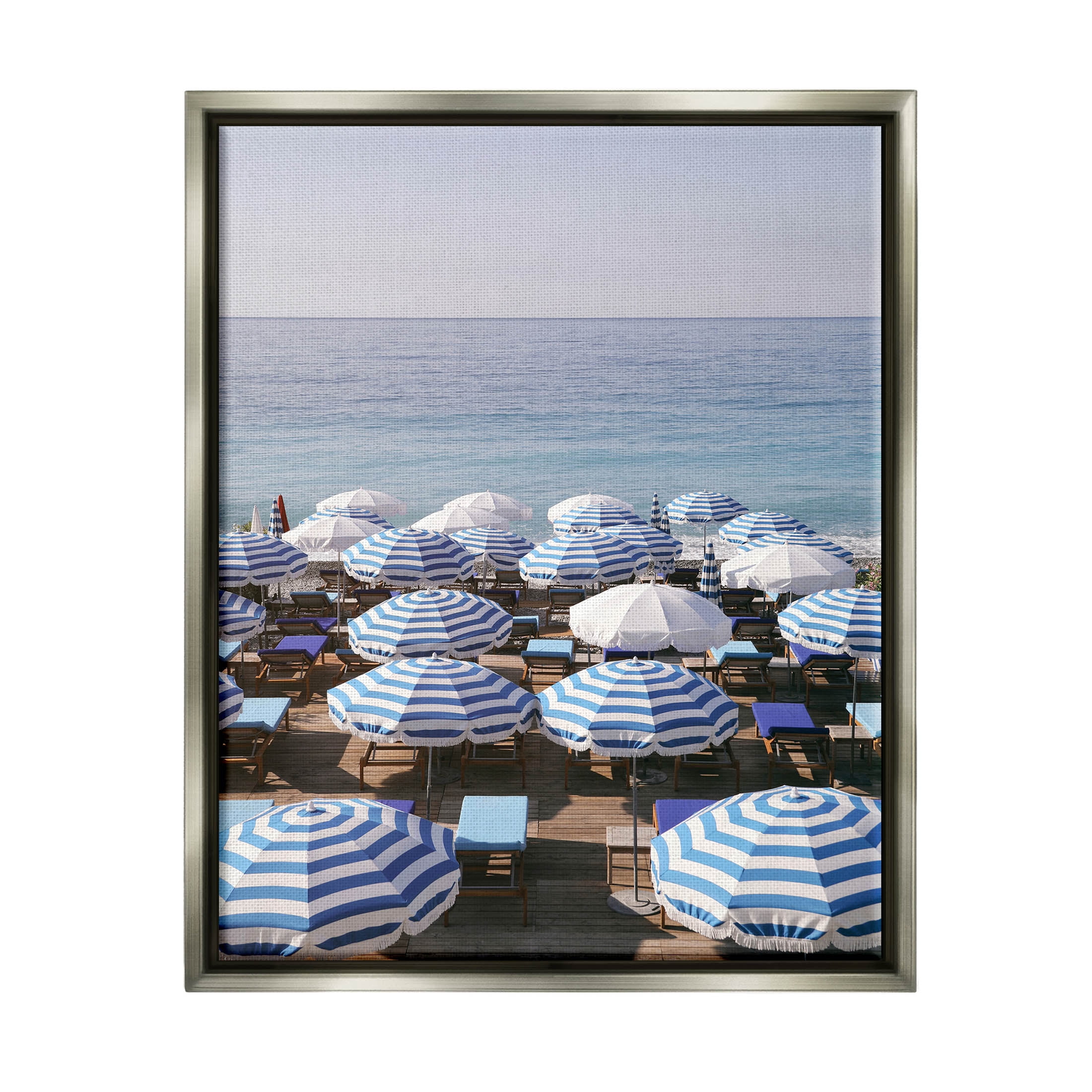 Beach Umbrellas Clear Summer Sky Coastal Photograph Luster Gray Framed Art Print Wall Art