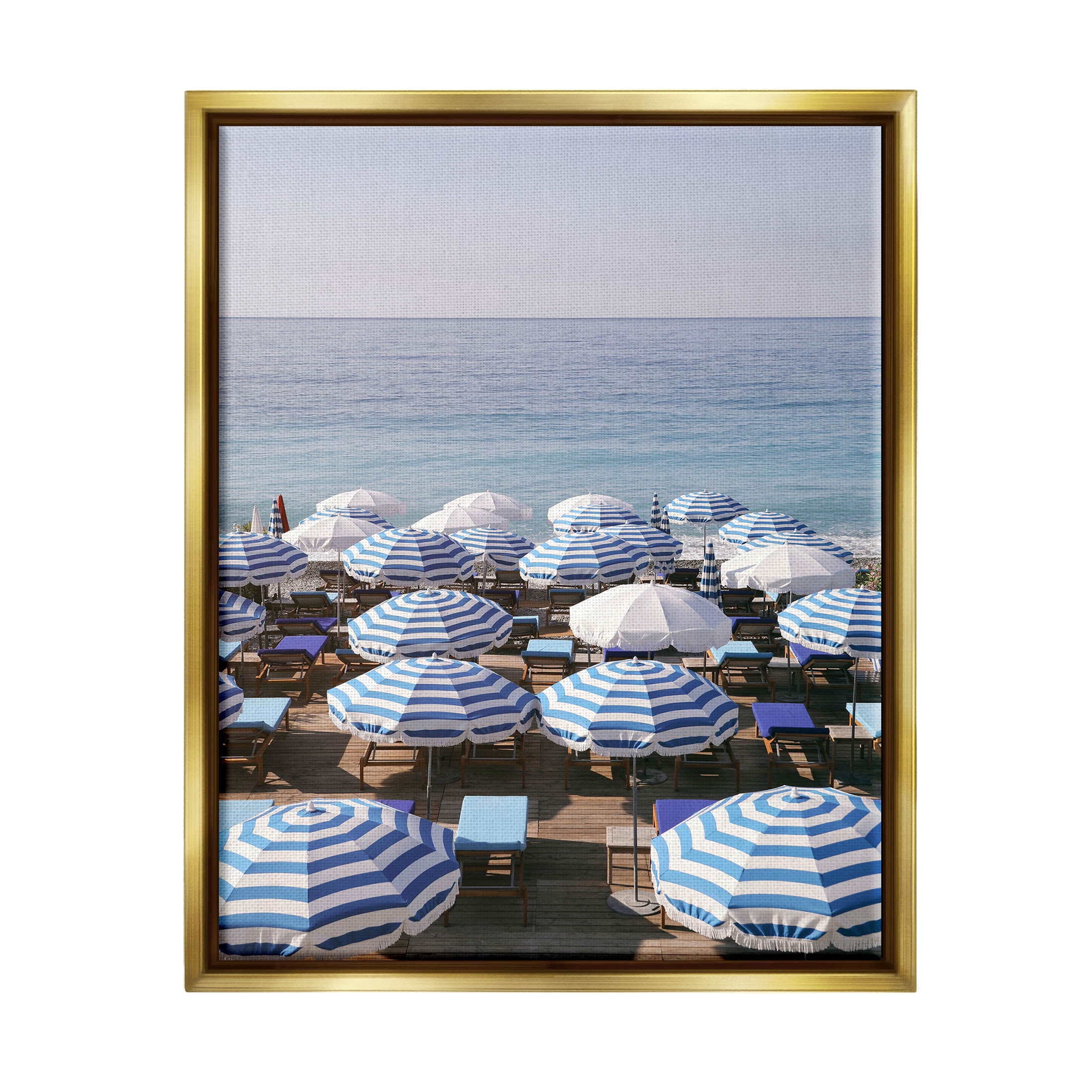 Beach Umbrellas Clear Summer Sky Coastal Photograph Metallic Gold Framed Art Print Wall Art
