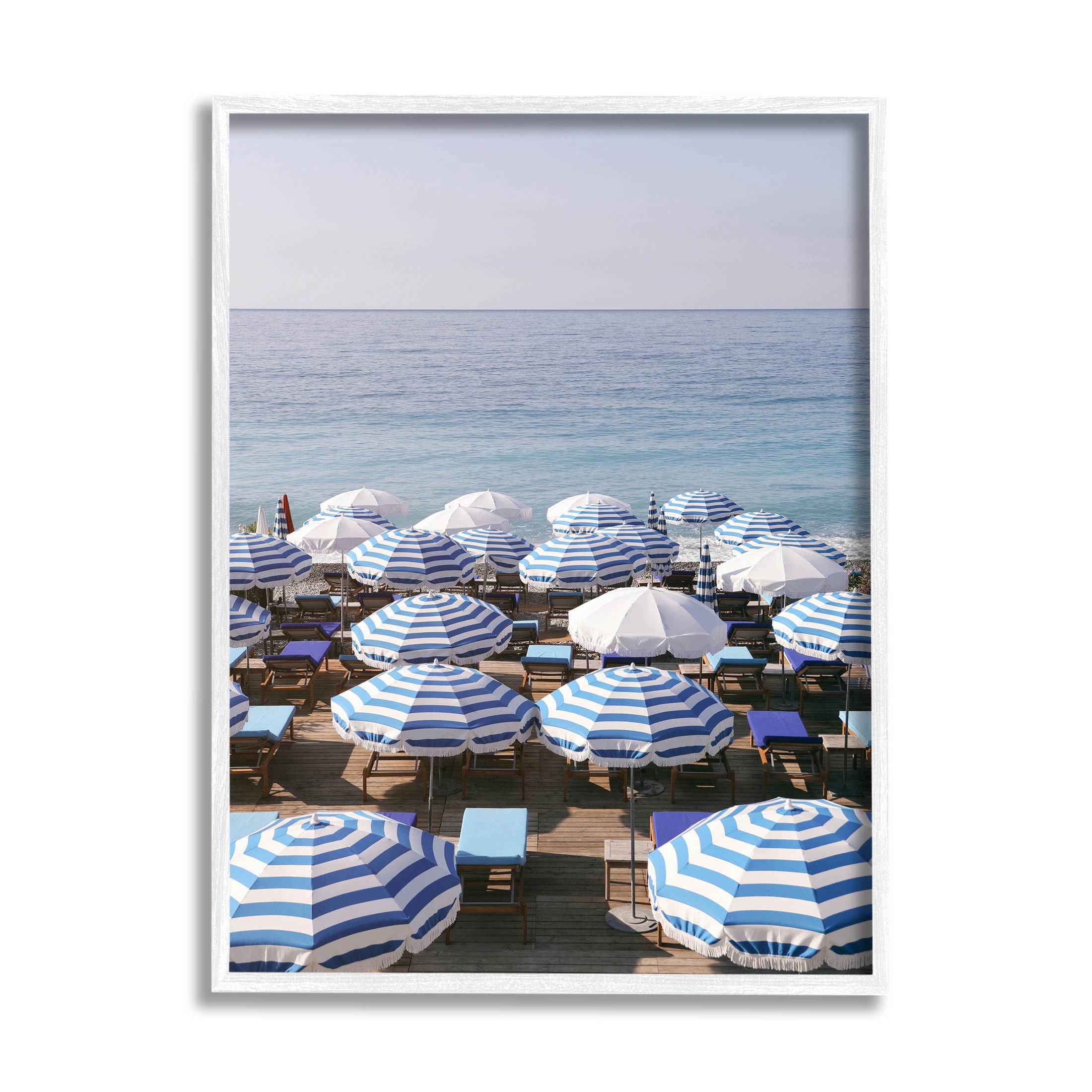 Beach Umbrellas Clear Summer Sky Coastal Photograph White Framed Art Print Wall Art