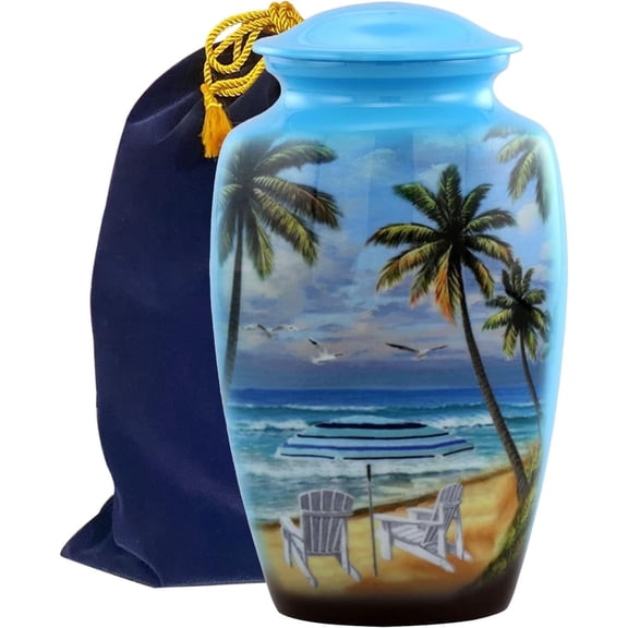 Paradise Beach Large Adult Cremation Urn for Ashes, Memorial Urn with Velvet Interior Bag